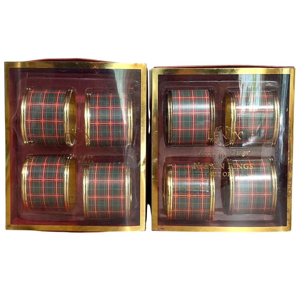 VTG Lenox Multi Nouveau Plaid Napkin Rings 7315 Set of 8 Red Green Christmas